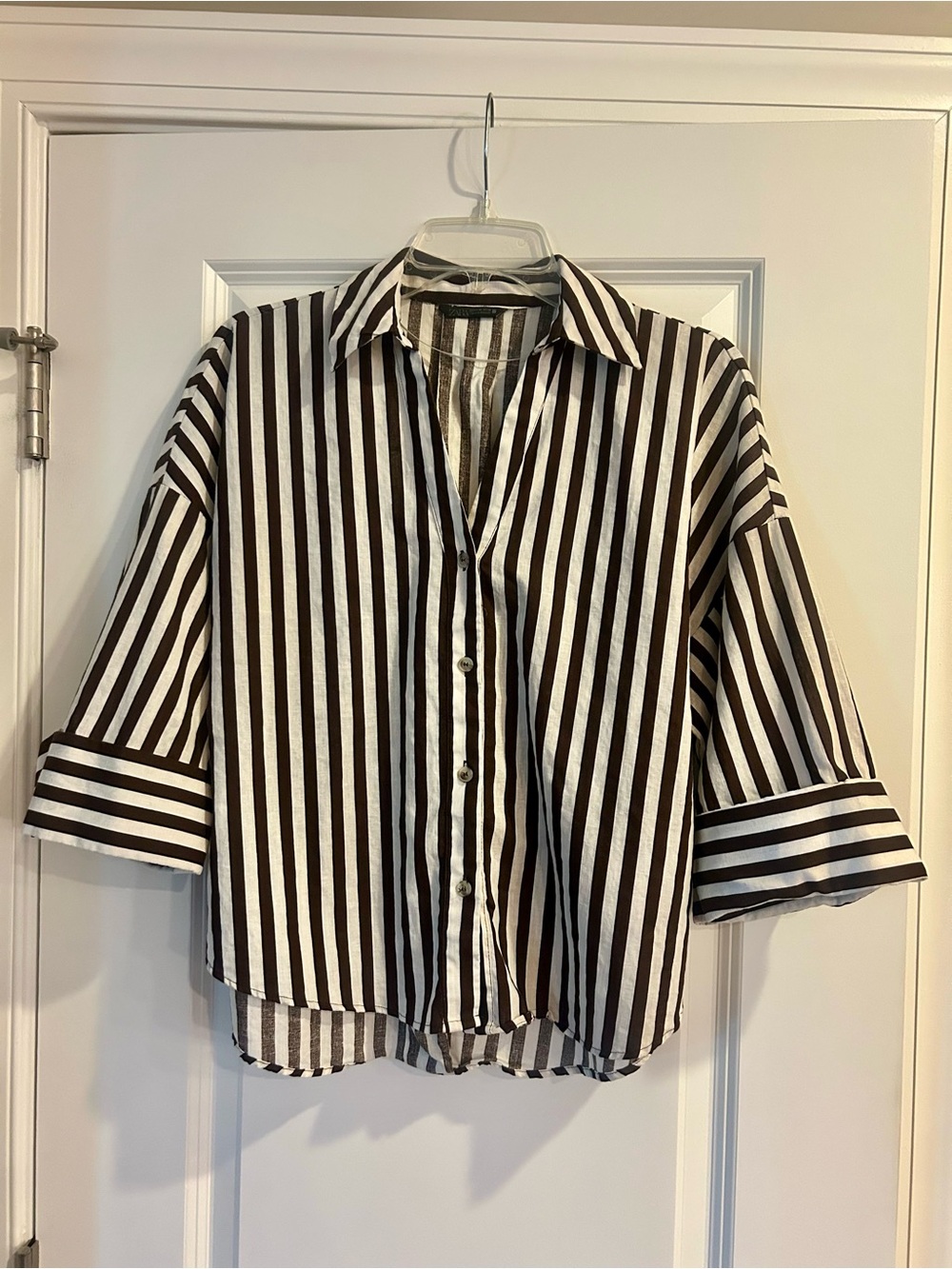 Zara Chocolate Brown and Cream Vertical Stripe Button-Down Shirt